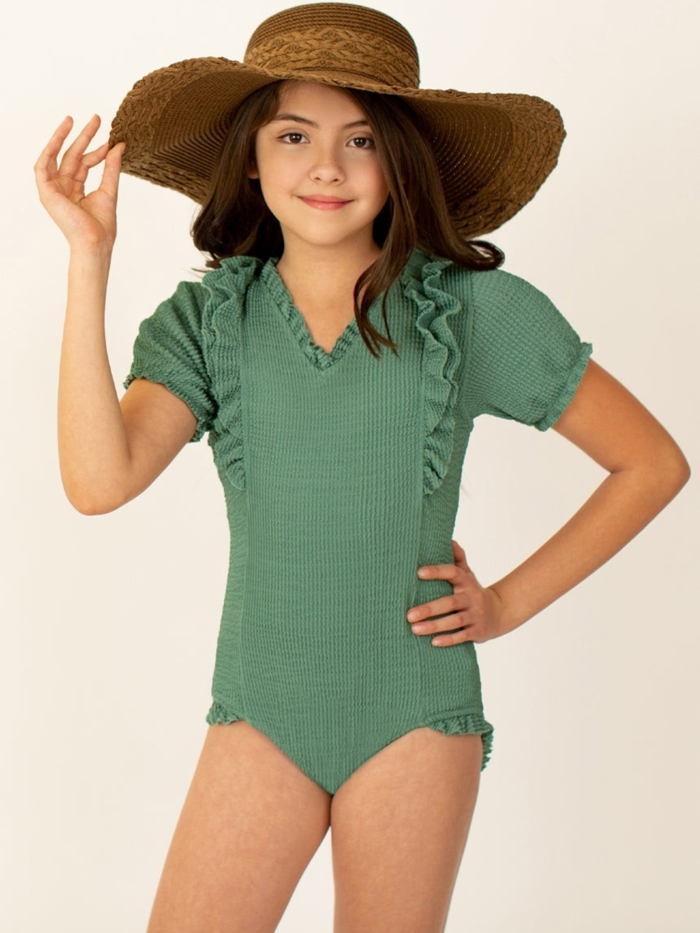 Girls' Ruffle One-Piece Swimsuit in Sage Green Modest